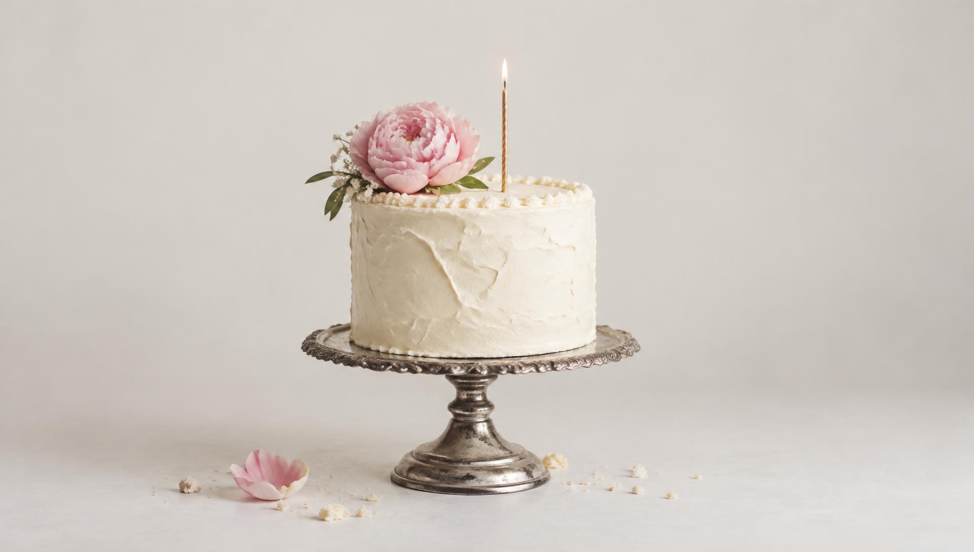 Gâteau d'anniversaire blanc avec une pivoine et une bougie